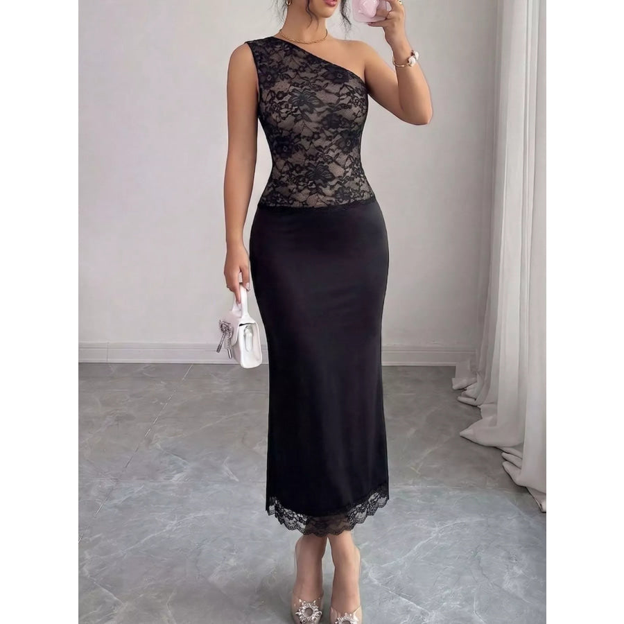 One-Shoulder Lace Trimmed Midi Dress Apparel and Accessories