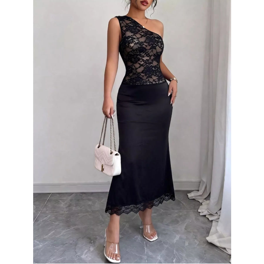 One-Shoulder Lace Trimmed Midi Dress Black / S Apparel and Accessories