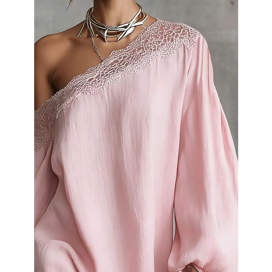 One-Shoulder Lace Trimmed Puff Sleeve Mini Dress Apparel and Accessories