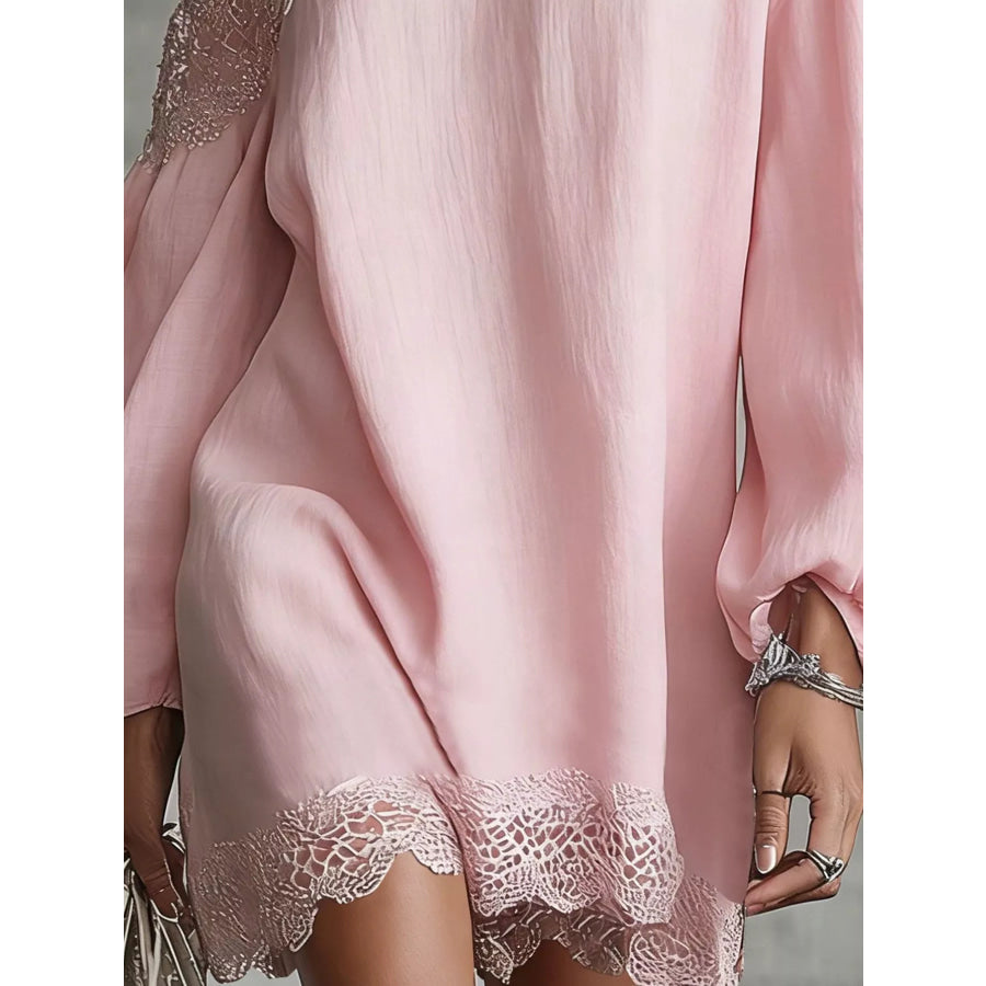 One-Shoulder Lace Trimmed Puff Sleeve Mini Dress Apparel and Accessories