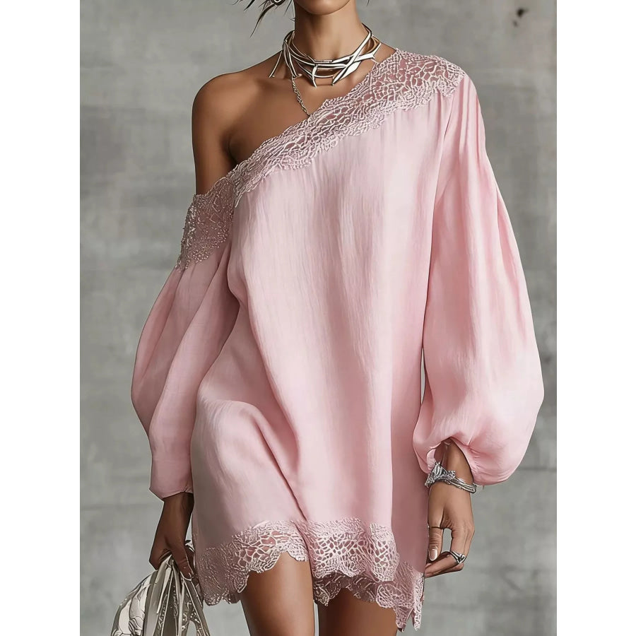 One-Shoulder Lace Trimmed Puff Sleeve Mini Dress Blush Pink / S Apparel and Accessories
