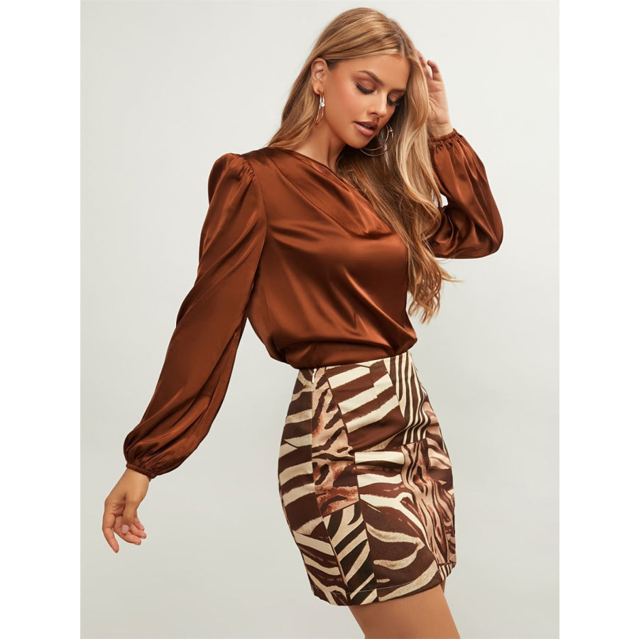 One Shoulder Long Sleeve Blouse Brown / S Apparel and Accessories