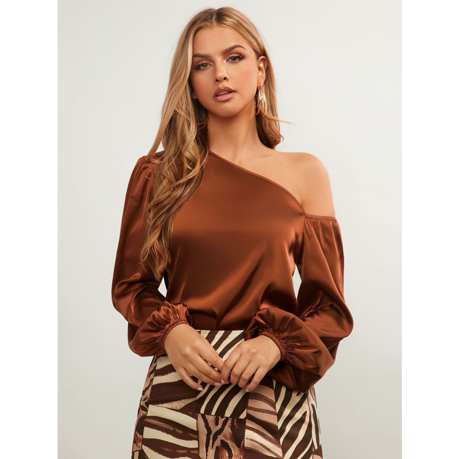 One Shoulder Long Sleeve Blouse Brown / S Apparel and Accessories