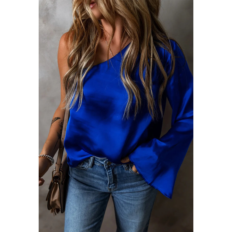 One Shoulder Long Sleeve Blouse Royal Blue / S Apparel and Accessories