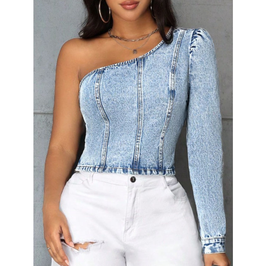 One Shoulder Long Sleeve Denim Top Apparel and Accessories