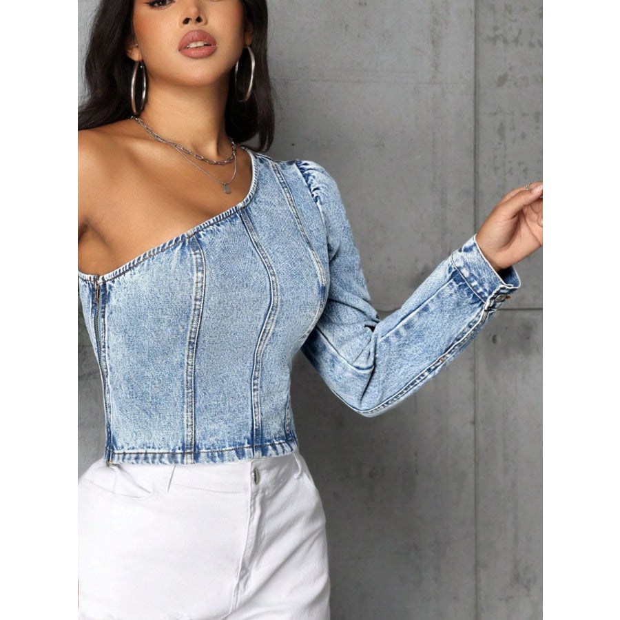 One Shoulder Long Sleeve Denim Top Apparel and Accessories