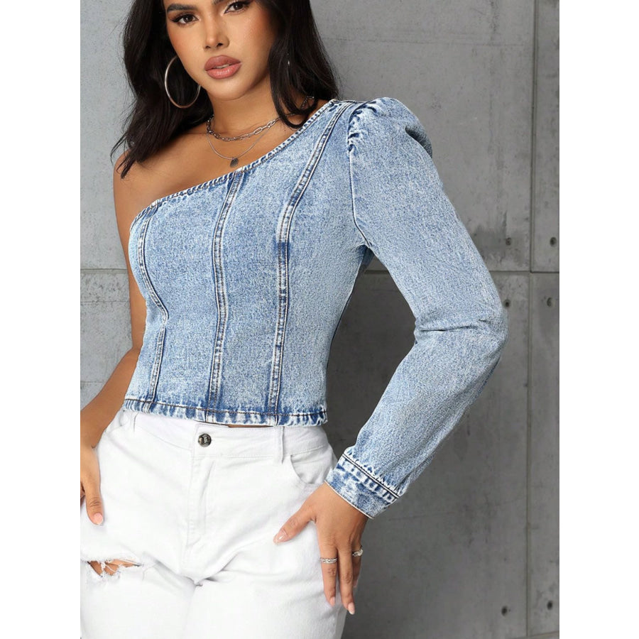 One Shoulder Long Sleeve Denim Top Light / S Apparel and Accessories