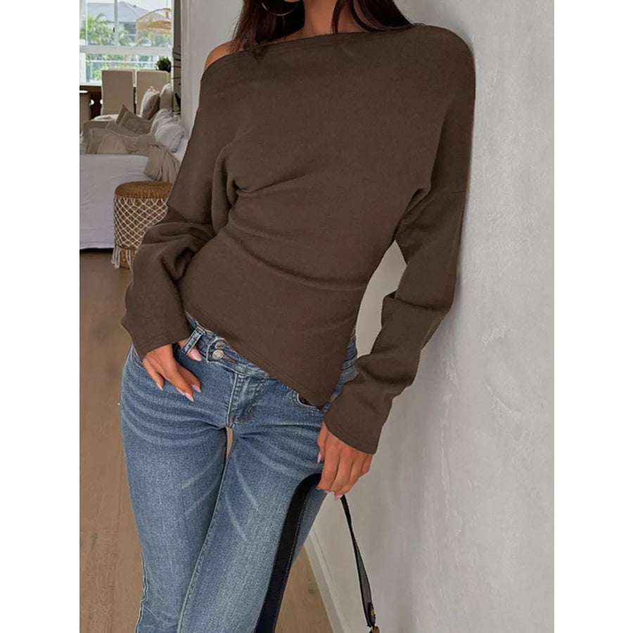 One Shoulder Long Sleeve T-Shirt Dark Brown / S Apparel and Accessories