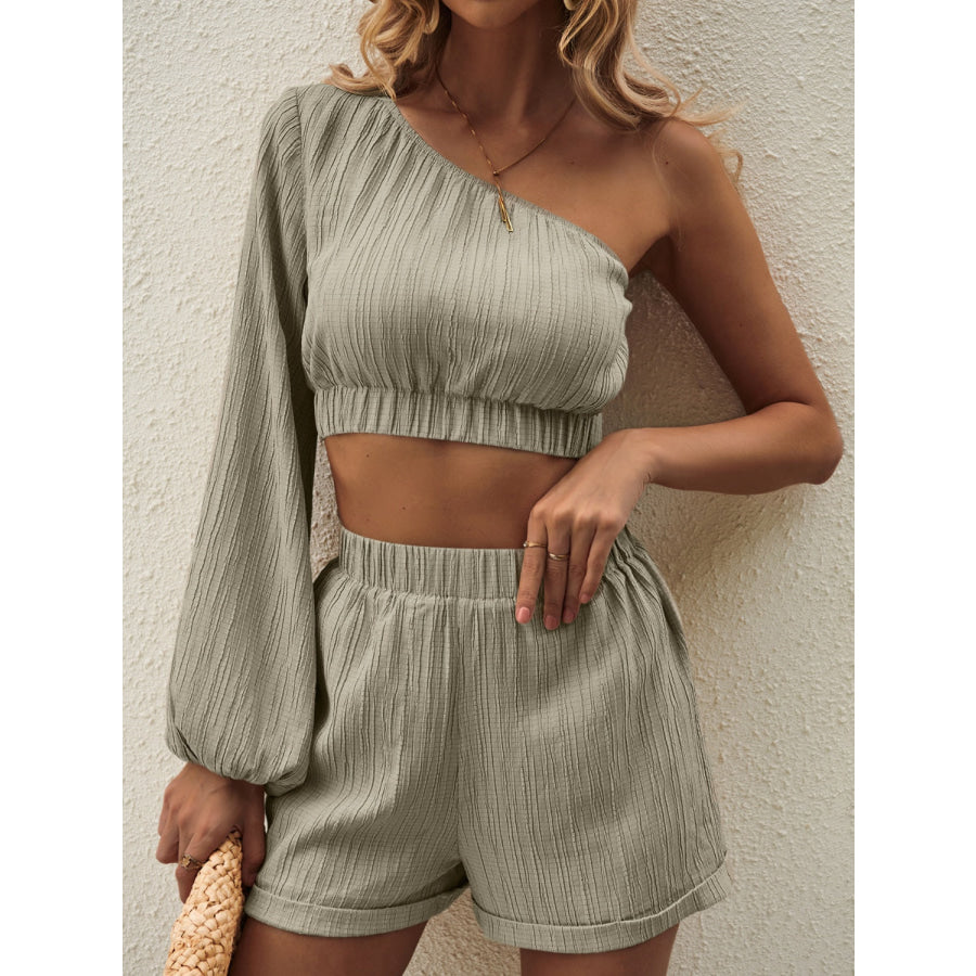 One Shoulder Long Sleeve Top and Shorts Set Apparel and Accessories