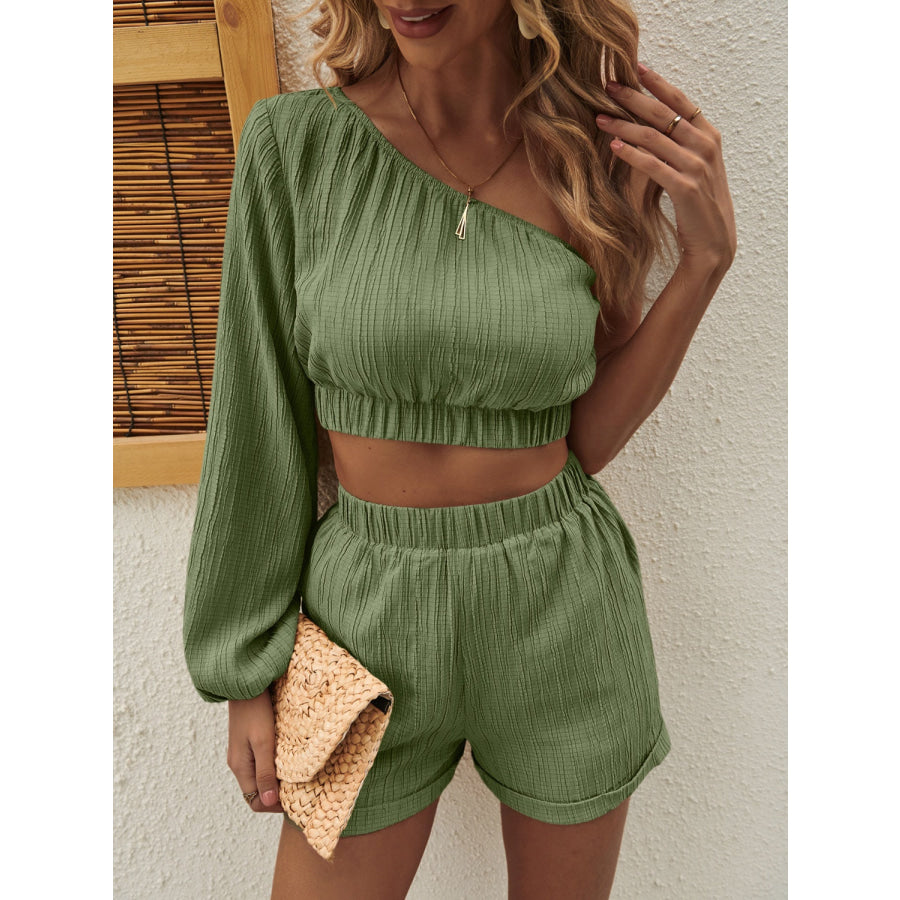 One Shoulder Long Sleeve Top and Shorts Set Matcha Green / S Apparel and Accessories