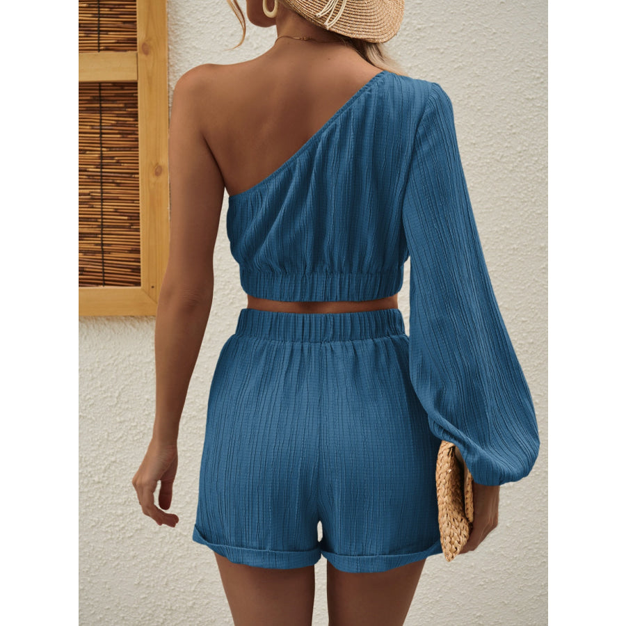 One Shoulder Long Sleeve Top and Shorts Set Apparel and Accessories