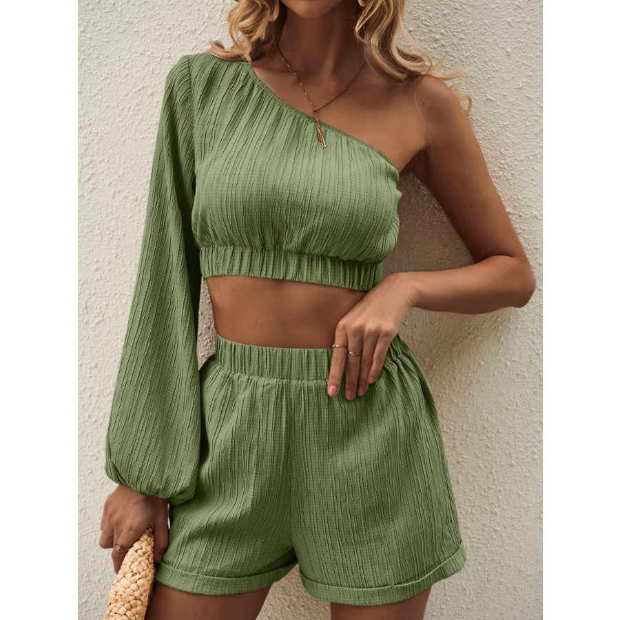 One Shoulder Long Sleeve Top and Shorts Set Apparel and Accessories