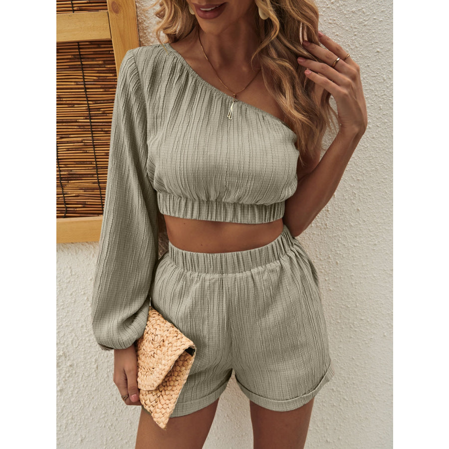 One Shoulder Long Sleeve Top and Shorts Set Apparel and Accessories