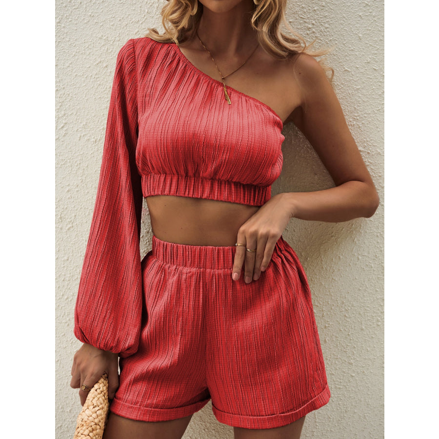 One Shoulder Long Sleeve Top and Shorts Set Apparel and Accessories