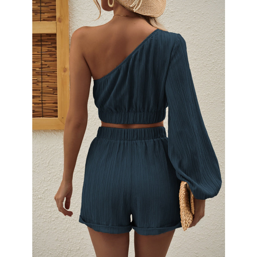 One Shoulder Long Sleeve Top and Shorts Set Apparel and Accessories