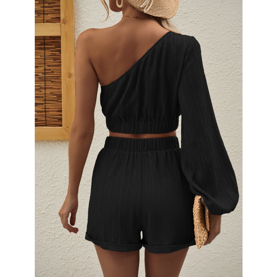 One Shoulder Long Sleeve Top and Shorts Set Apparel and Accessories