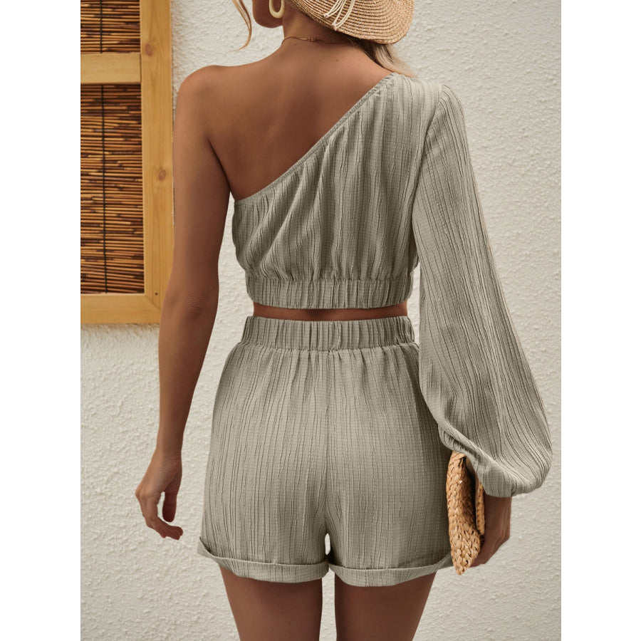 One Shoulder Long Sleeve Top and Shorts Set Beige / S Apparel and Accessories