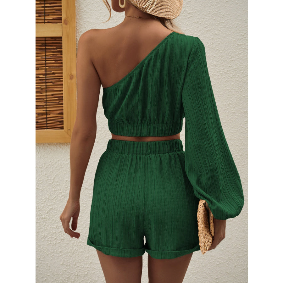 One Shoulder Long Sleeve Top and Shorts Set Dark Green / S Apparel and Accessories