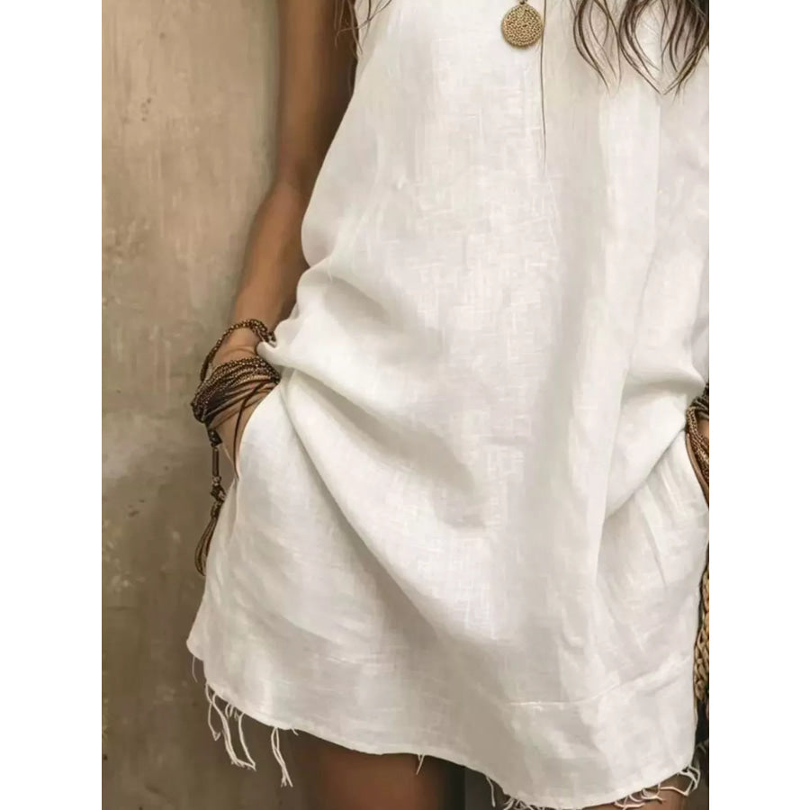 One-Shoulder Mini Dress with Frayed Hem White / S Apparel and Accessories