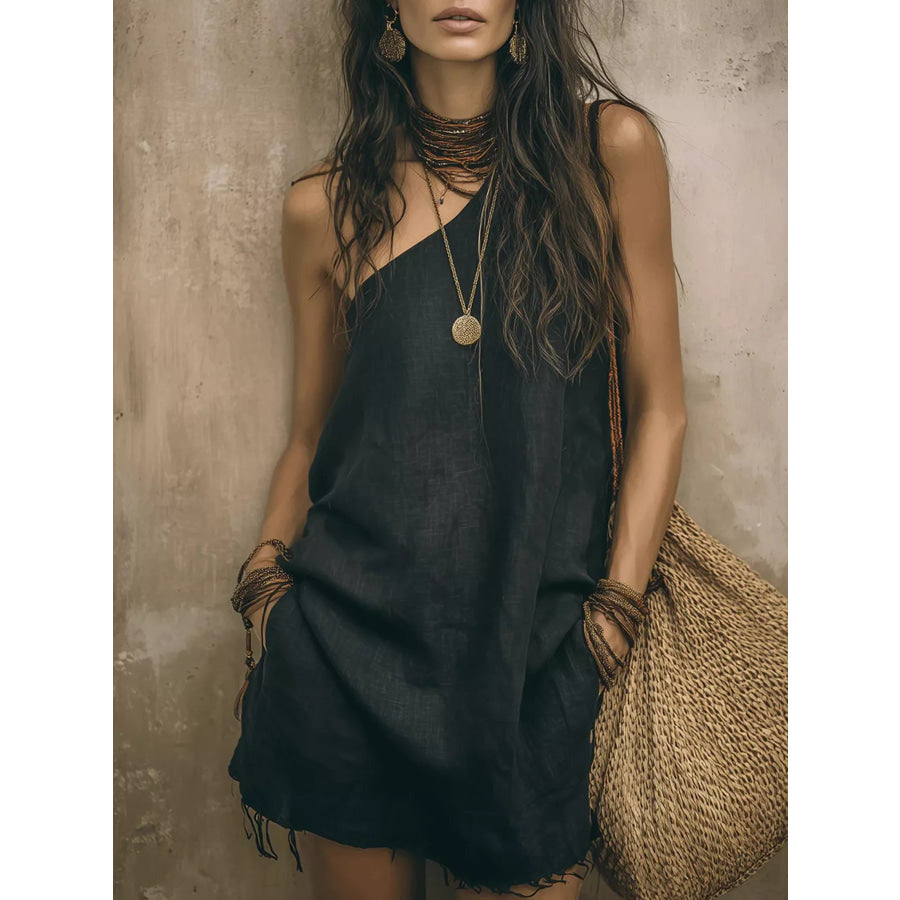 One-Shoulder Mini Dress with Frayed Hem Black / S Apparel and Accessories