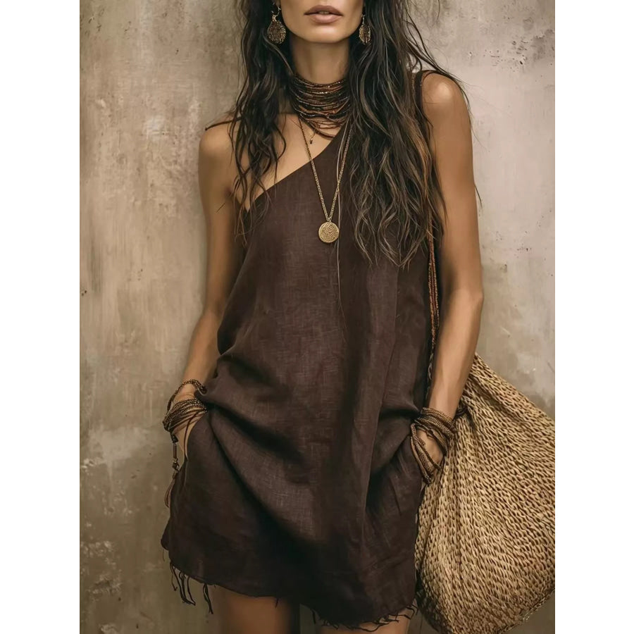 One-Shoulder Mini Dress with Frayed Hem Coffee Brown / S Apparel and Accessories
