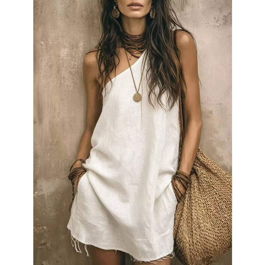 One-Shoulder Mini Dress with Frayed Hem White / S Apparel and Accessories