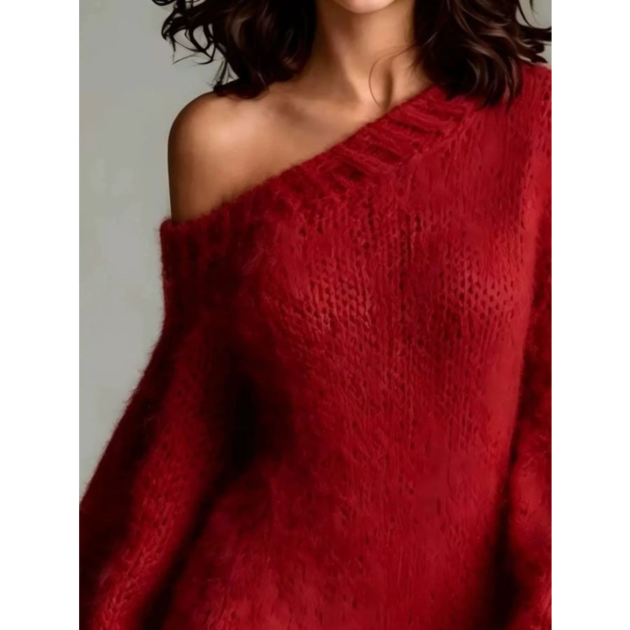 One Shoulder Mini Sweater Dress Deep Red / S Apparel and Accessories