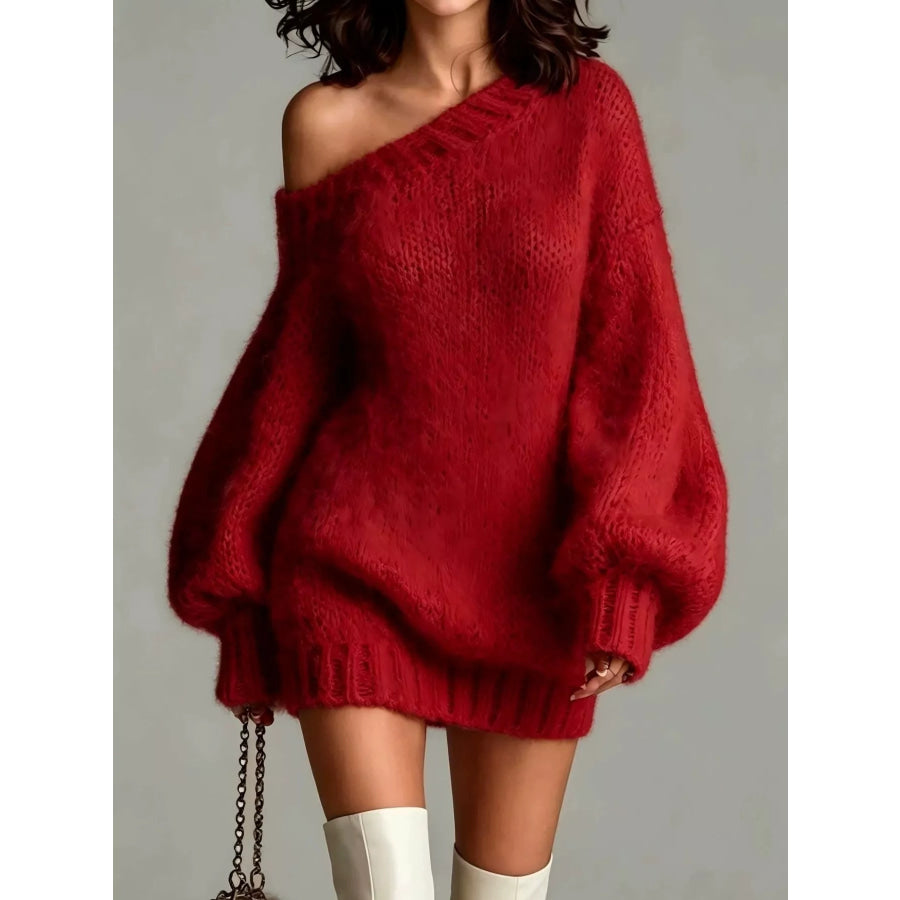 One Shoulder Mini Sweater Dress Deep Red / S Apparel and Accessories