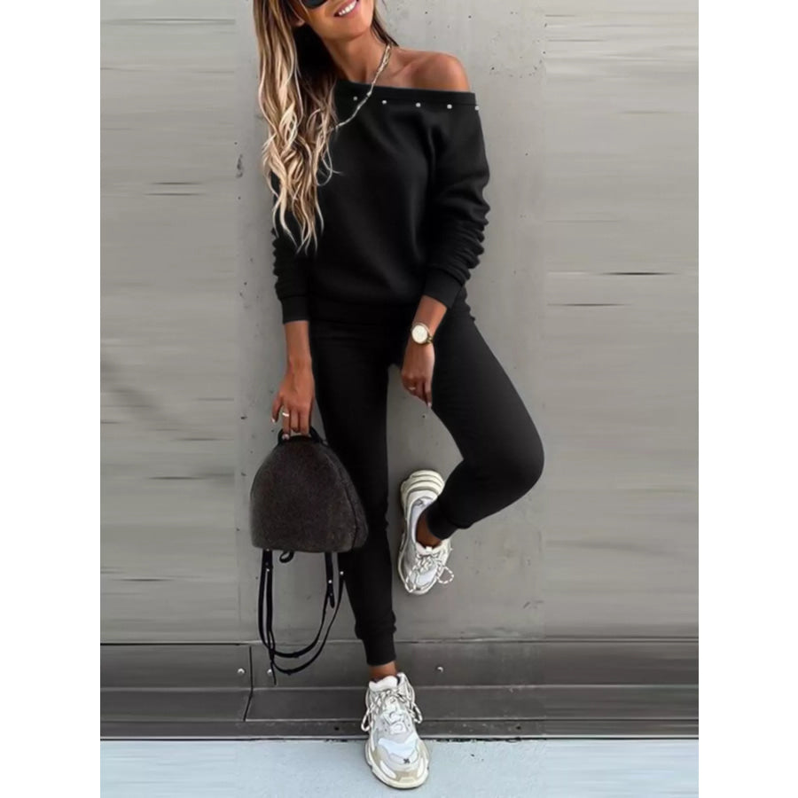 One-Shoulder Pearl Embellished Top and Pants Set Black / S Apparel and Accessories