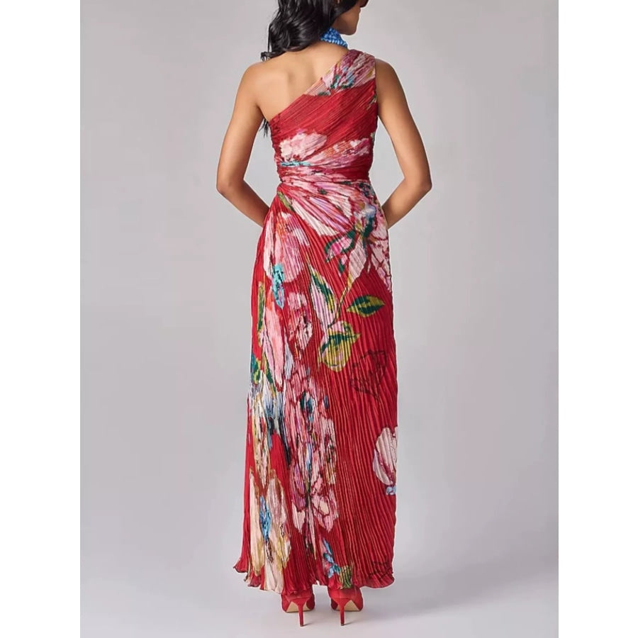 One-Shoulder Pleated Floral Maxi Dress Apparel and Accessories