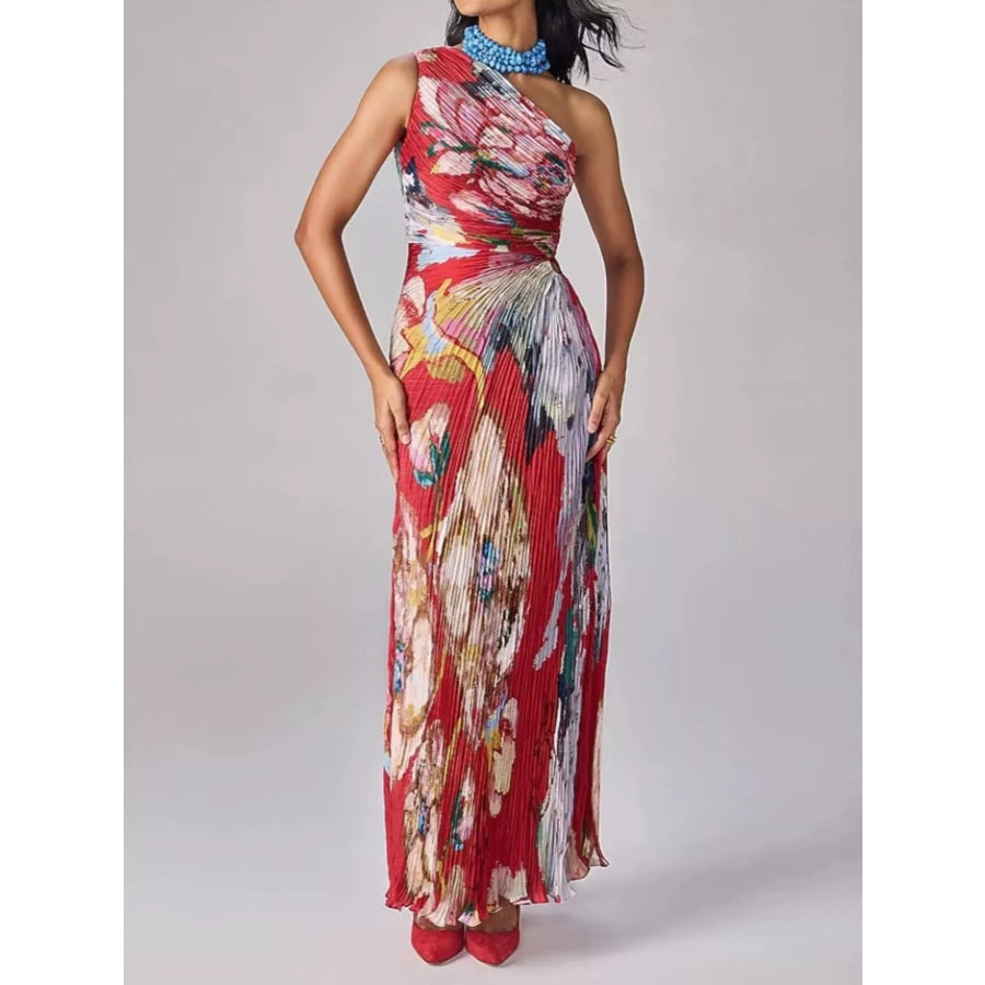 One-Shoulder Pleated Floral Maxi Dress Apparel and Accessories