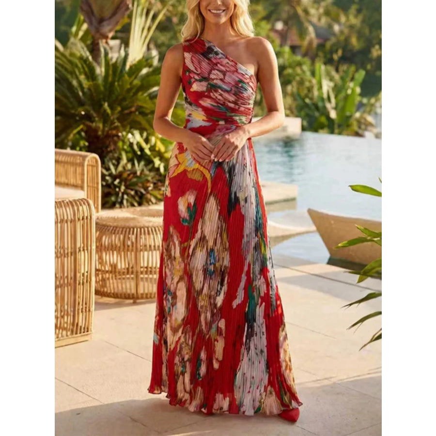 One-Shoulder Pleated Floral Maxi Dress Apparel and Accessories