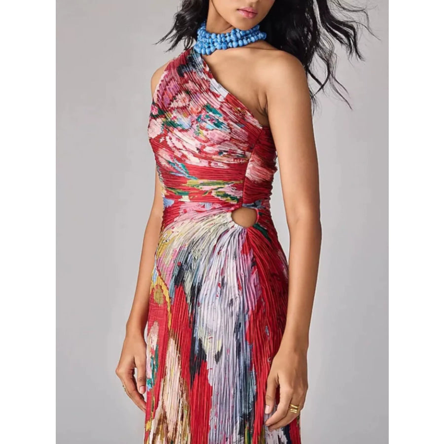 One-Shoulder Pleated Floral Maxi Dress Apparel and Accessories