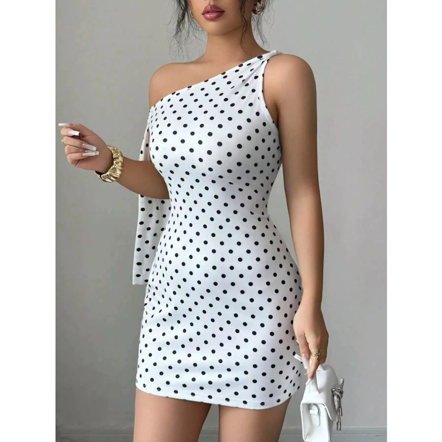 One-Shoulder Polka Dot Bodycon Mini Dress White / S Apparel and Accessories