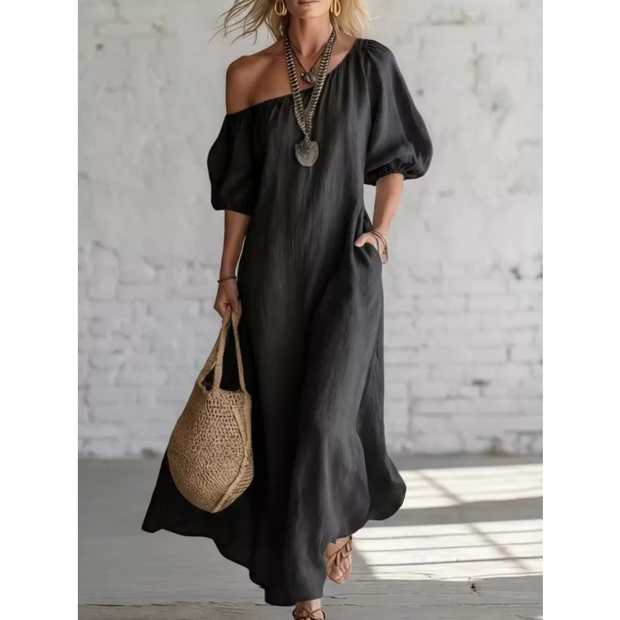 One-Shoulder Puff Sleeve Maxi Dress Black / S Apparel and Accessories