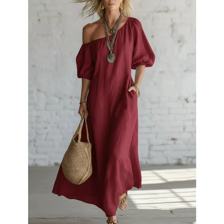 One-Shoulder Puff Sleeve Maxi Dress Burgundy / S Apparel and Accessories