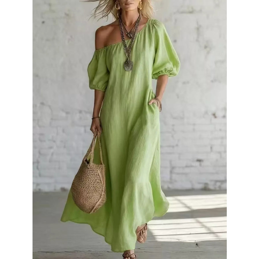 One-Shoulder Puff Sleeve Maxi Dress Green / S Apparel and Accessories