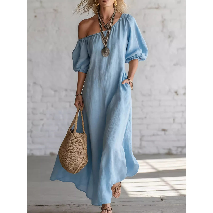 One-Shoulder Puff Sleeve Maxi Dress Sky Blue / S Apparel and Accessories