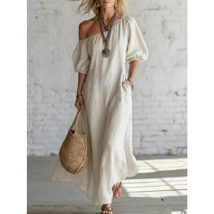 One-Shoulder Puff Sleeve Maxi Dress White / S Apparel and Accessories