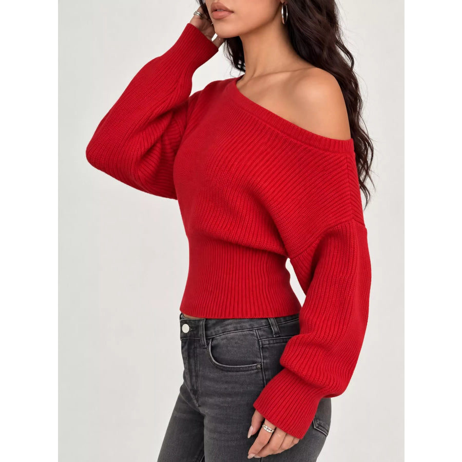 One Shoulder Ribbed Knit Sweater Apparel and Accessories