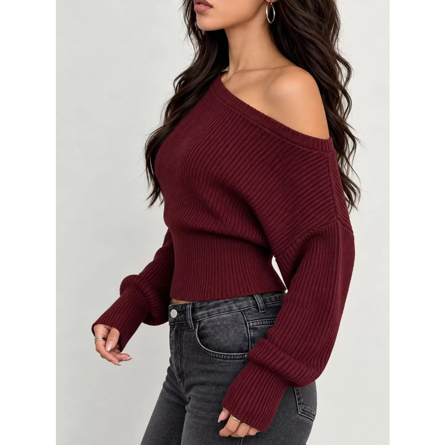 One Shoulder Ribbed Knit Sweater Apparel and Accessories