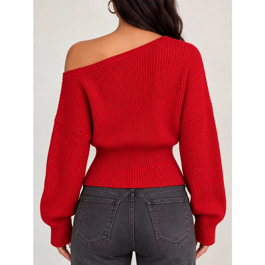 One Shoulder Ribbed Knit Sweater Apparel and Accessories