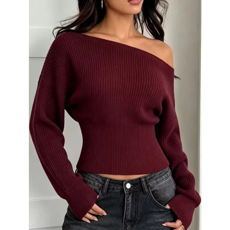 One Shoulder Ribbed Knit Sweater Apparel and Accessories