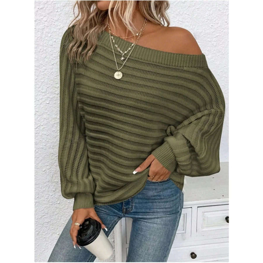 One Shoulder Ribbed Knit Sweater Army Green / S Apparel and Accessories