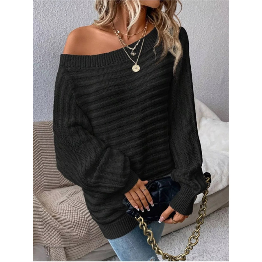 One Shoulder Ribbed Knit Sweater Black / S Apparel and Accessories