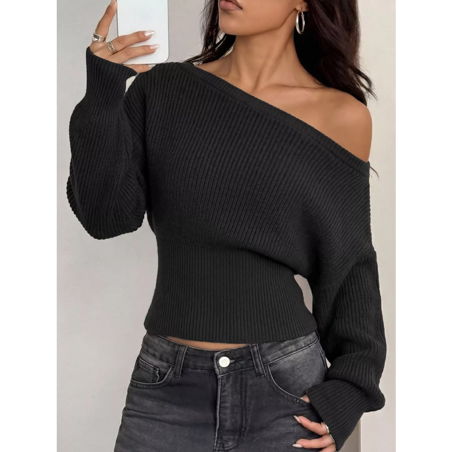 One Shoulder Ribbed Knit Sweater Black / S Apparel and Accessories
