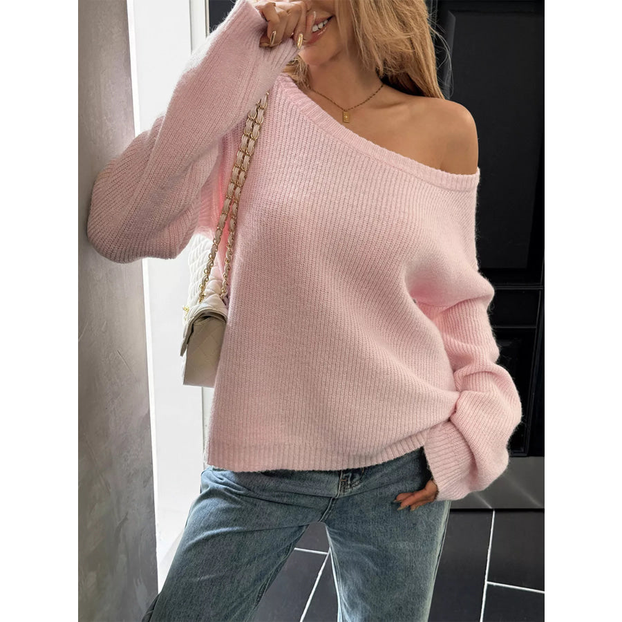 One Shoulder Ribbed Knit Sweater Blush Pink / S Apparel and Accessories