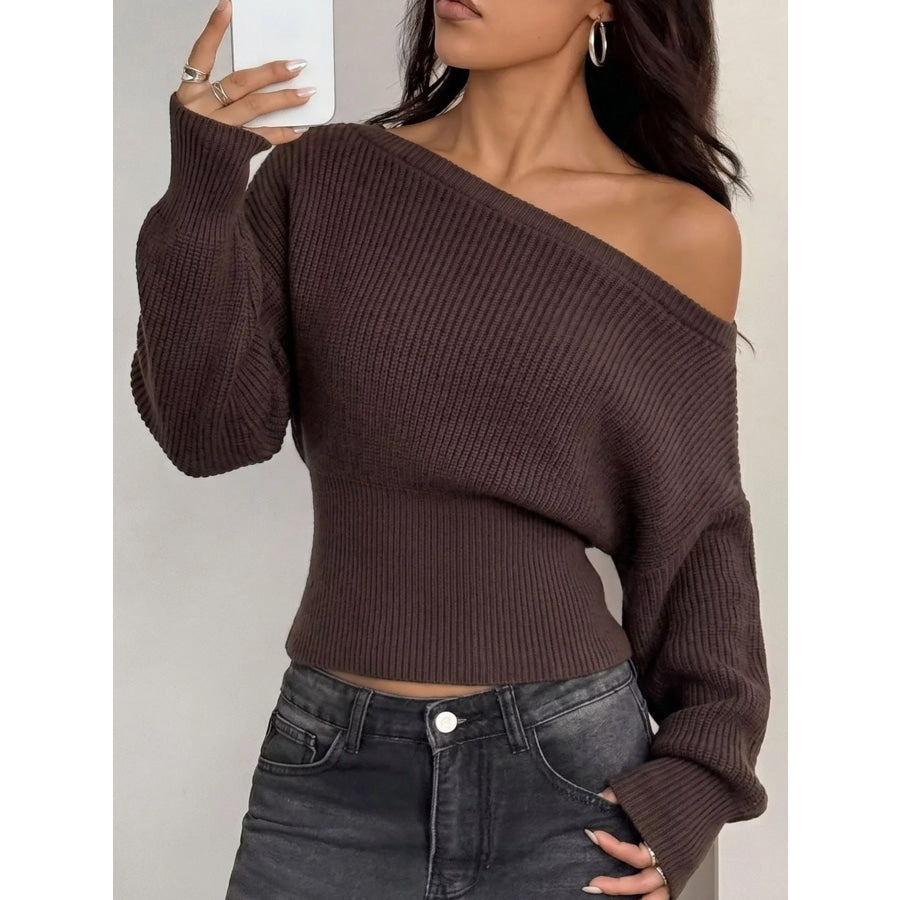One Shoulder Ribbed Knit Sweater Brown / S Apparel and Accessories