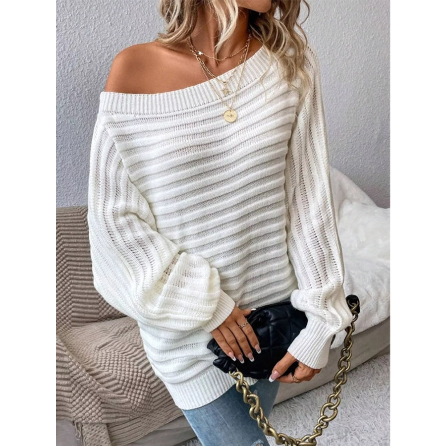 One Shoulder Ribbed Knit Sweater Gray/white / S Apparel and Accessories