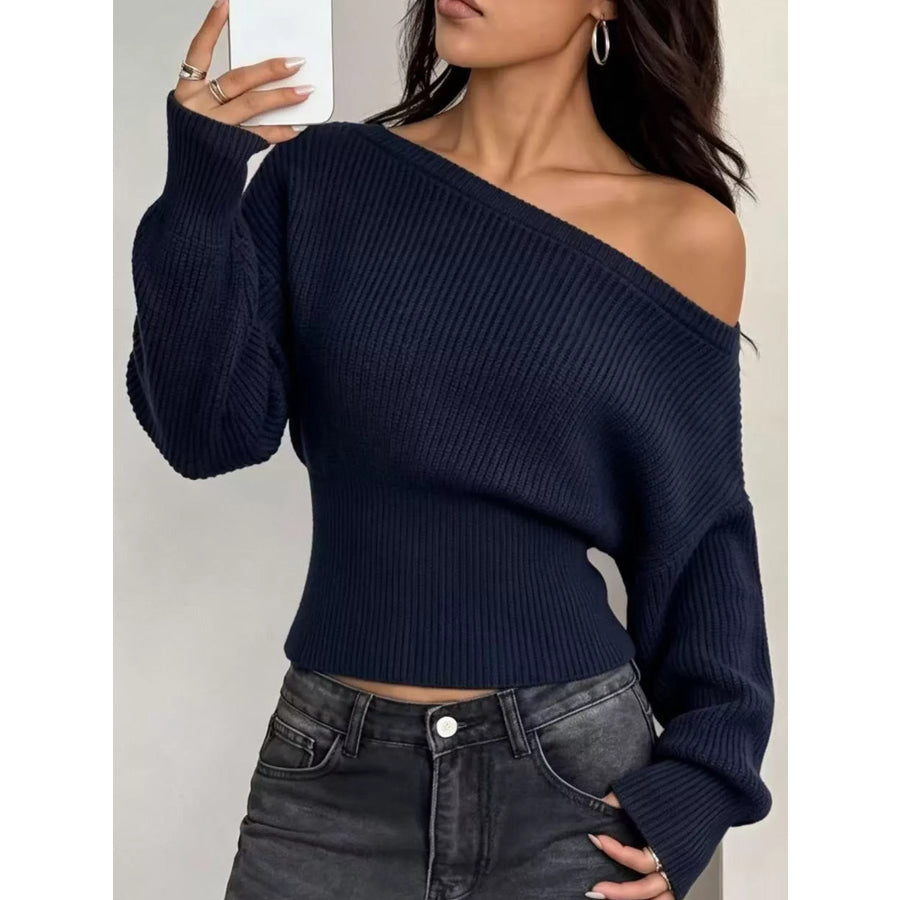 One Shoulder Ribbed Knit Sweater Navy Blue / S Apparel and Accessories